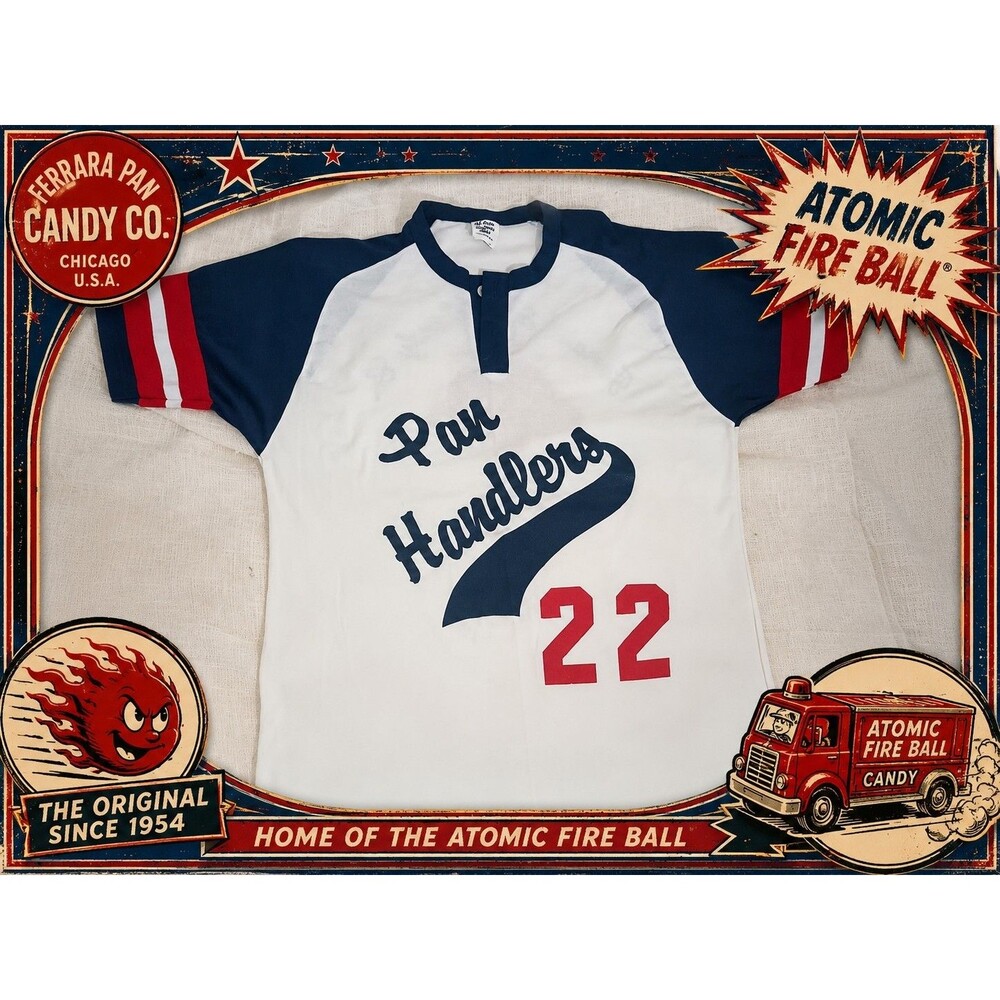 Vintage 80s Ferrara Pan Atomic Fire Ball Pan Handlers Baseball Company Jersey L